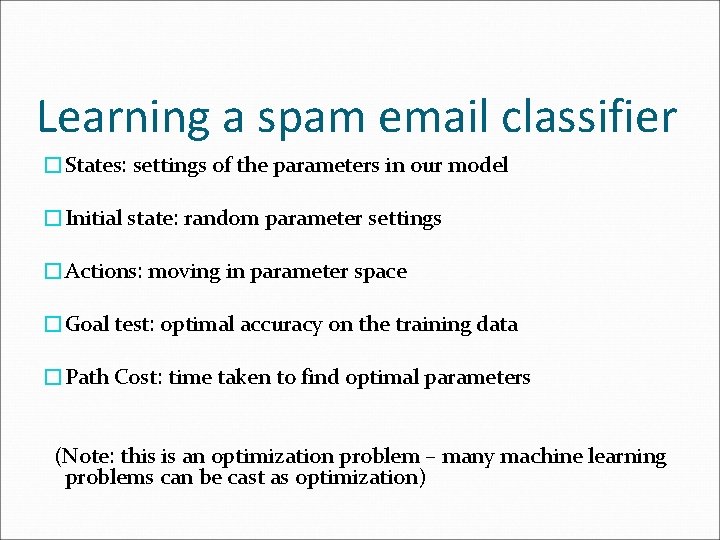 Learning a spam email classifier �States: settings of the parameters in our model �Initial