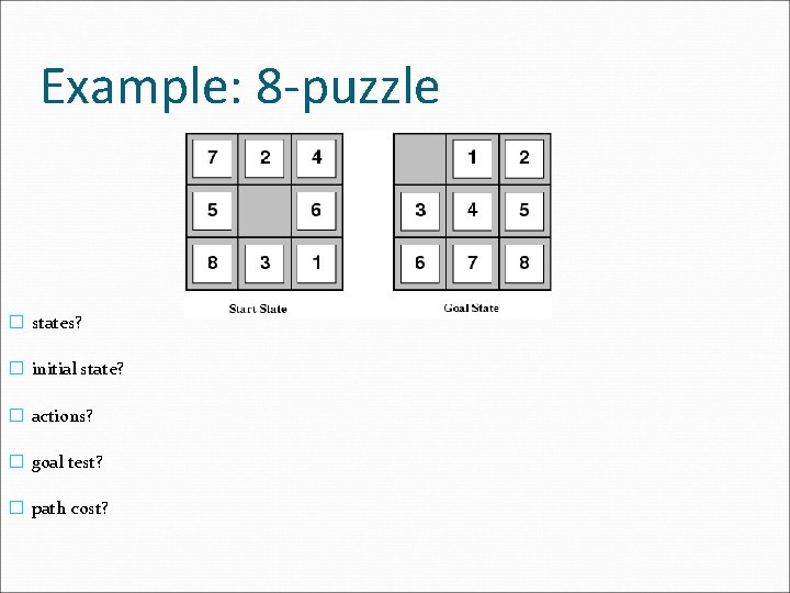 Example: 8 -puzzle � states? � initial state? � actions? � goal test? � Example: 8 -puzzle � states? � initial state? � actions? � goal test? �