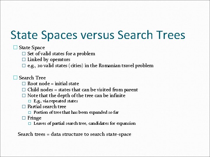 State Spaces versus Search Trees � State Space � Set of valid states for