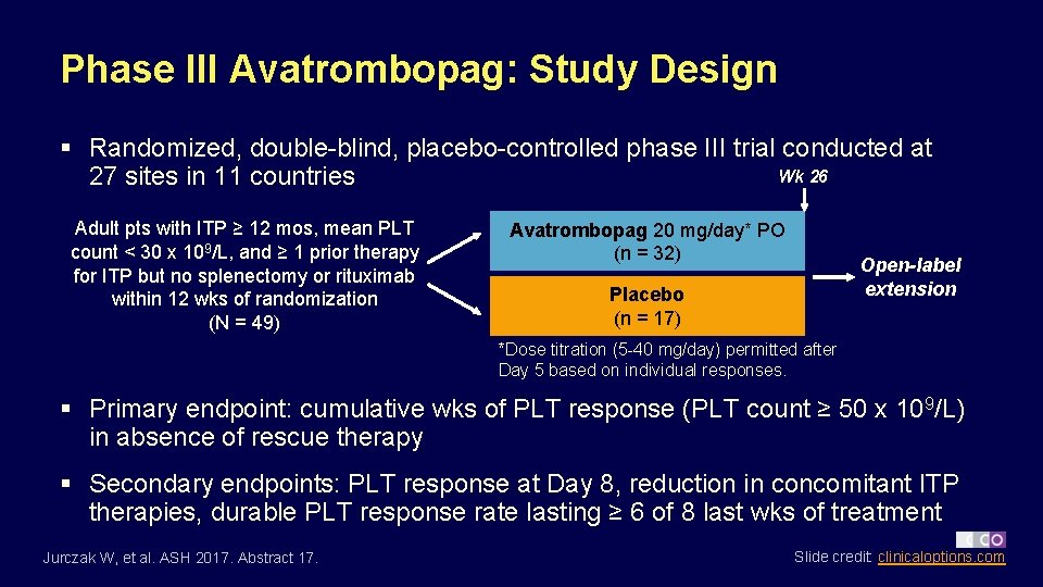 Phase III Avatrombopag: Study Design § Randomized, double-blind, placebo-controlled phase III trial conducted at