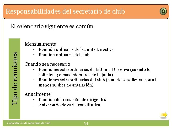 Responsabilidades del secretario de club El calendario siguiente es común: Tipo de reuniones Mensualmente