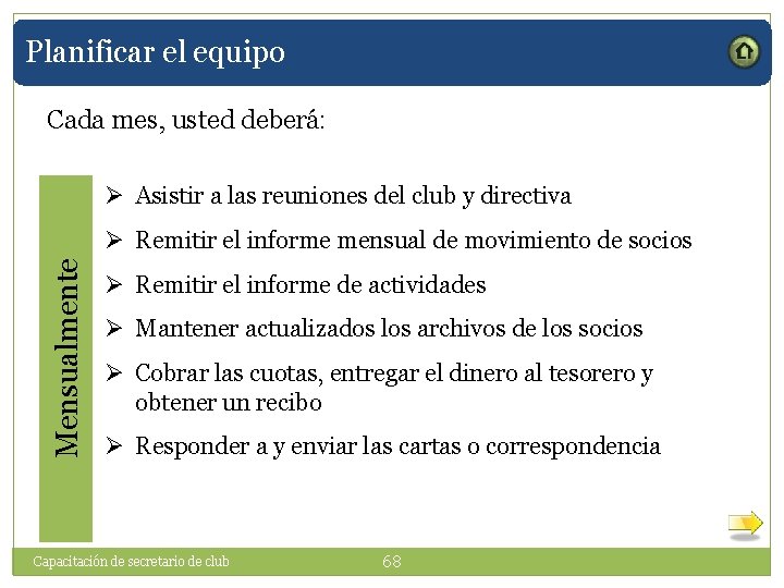 Planificar el equipo Cada mes, usted deberá: Ø Asistir a las reuniones del club