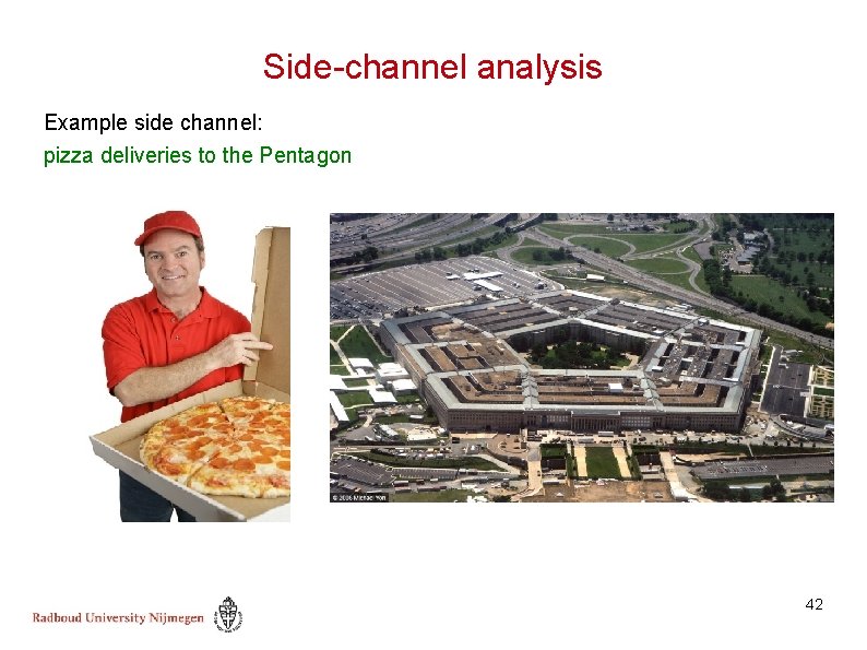Side-channel analysis Example side channel: pizza deliveries to the Pentagon 42 