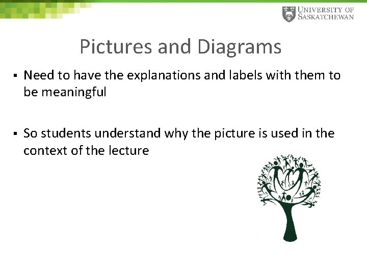 Pictures and Diagrams § Need to have the explanations and labels with them to