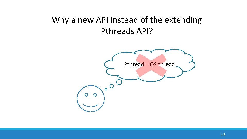 Why a new API instead of the extending Pthreads API? Pthread = OS thread