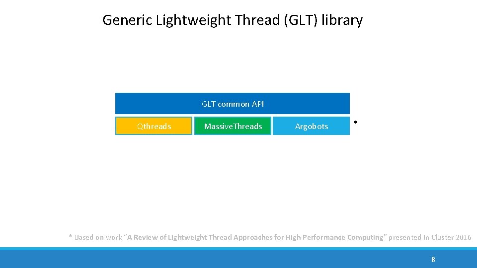 Generic Lightweight Thread (GLT) library GLT common API Qthreads Massive. Threads Argobots * *