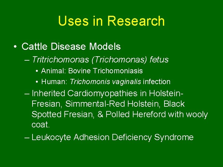 Uses in Research • Cattle Disease Models – Tritrichomonas (Trichomonas) fetus • Animal: Bovine