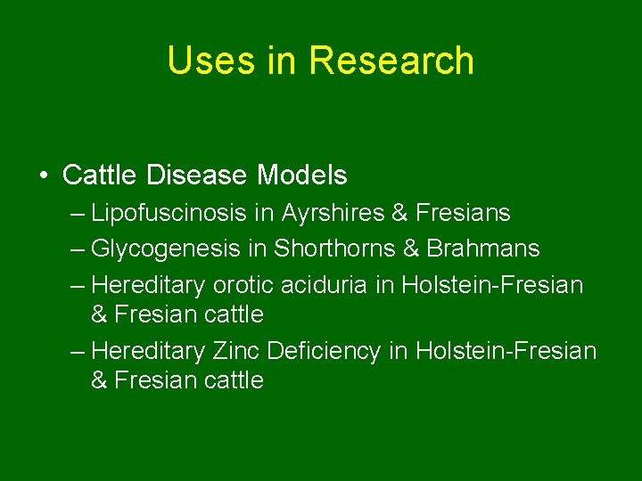 Uses in Research • Cattle Disease Models – Lipofuscinosis in Ayrshires & Fresians –
