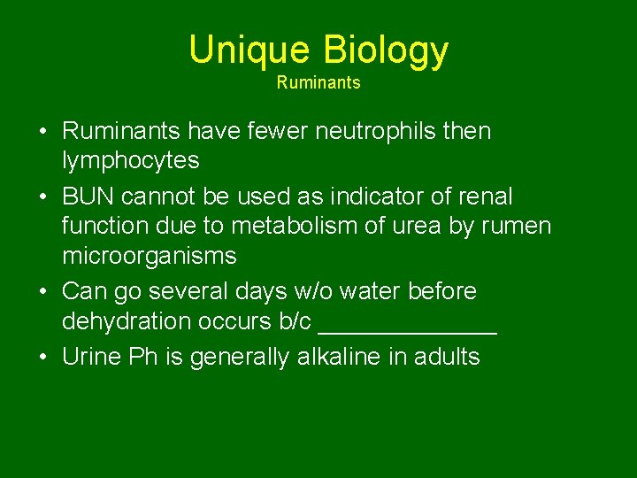 Unique Biology Ruminants • Ruminants have fewer neutrophils then lymphocytes • BUN cannot be