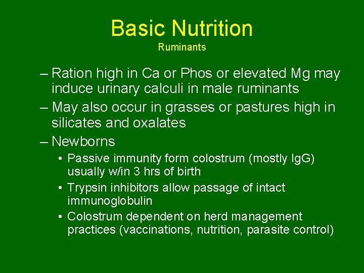 Basic Nutrition Ruminants – Ration high in Ca or Phos or elevated Mg may