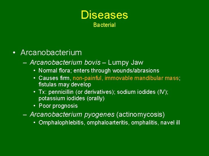 Diseases Bacterial • Arcanobacterium – Arcanobacterium bovis – Lumpy Jaw • Normal flora; enters