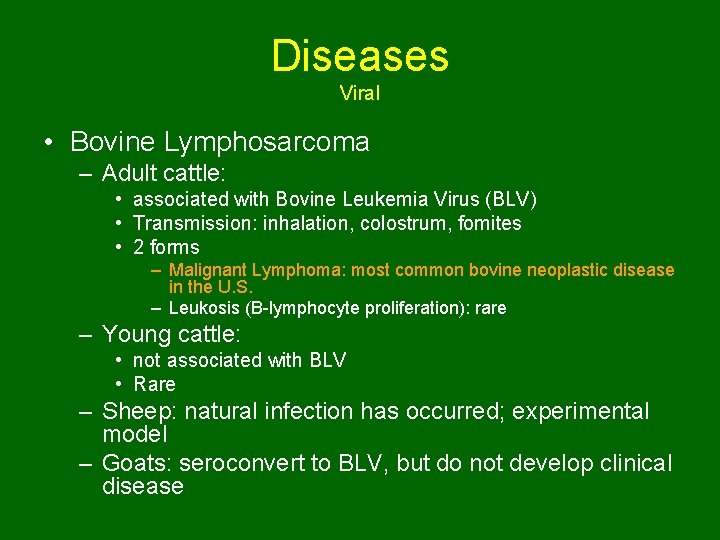 Diseases Viral • Bovine Lymphosarcoma – Adult cattle: • associated with Bovine Leukemia Virus