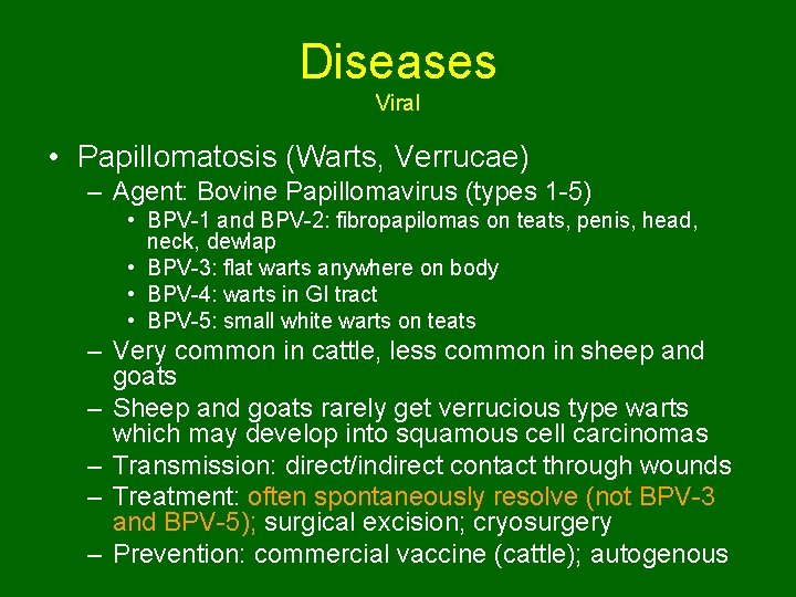 Diseases Viral • Papillomatosis (Warts, Verrucae) – Agent: Bovine Papillomavirus (types 1 -5) •