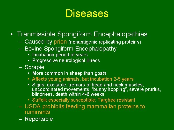 Diseases • Tranmissible Spongiform Encephalopathies – Caused by prion (nonantigenic replicating proteins) – Bovine