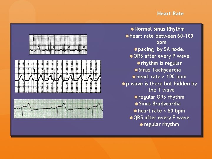 Heart Rate Normal Sinus Rhythm heart rate between 60 -100 bpm pacing by SA Heart Rate Normal Sinus Rhythm heart rate between 60 -100 bpm pacing by SA