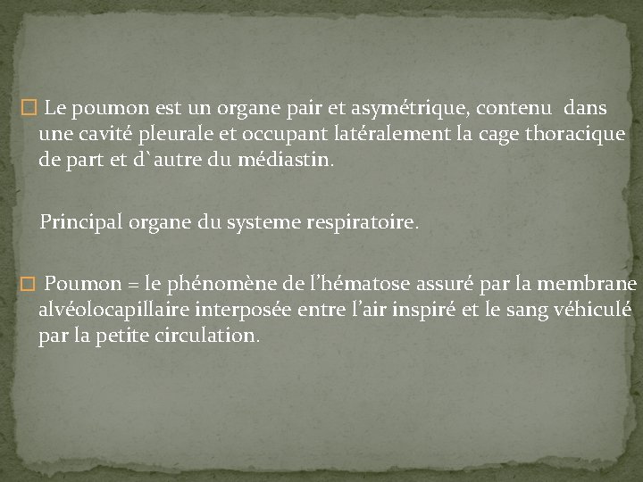 � Le poumon est un organe pair et asymétrique, contenu dans une cavité pleurale