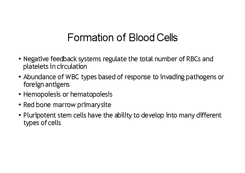 Formation of Blood Cells • Negative feedback systems regulate the total number of RBCs