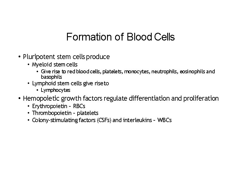 Formation of Blood Cells • Pluripotent stem cells produce • Myeloid stem cells •