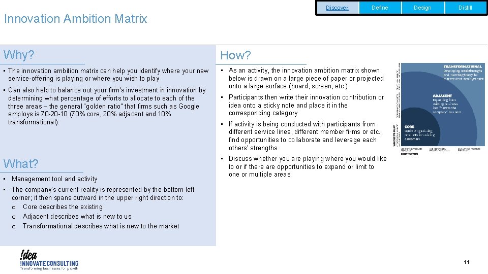 Discover Define Design Distill Innovation Ambition Matrix Why? How? • The innovation ambition matrix