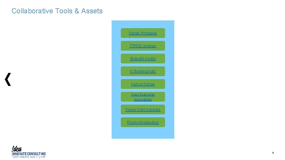 Collaborative Tools & Assets Design Principles TTPPEE Analogy Strength Finder 6 Thinking Hats Fact