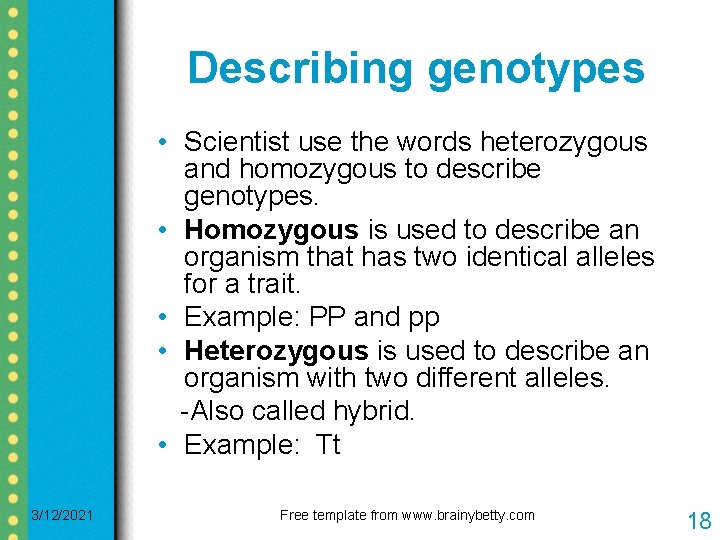 Describing genotypes • Scientist use the words heterozygous and homozygous to describe genotypes. • Describing genotypes • Scientist use the words heterozygous and homozygous to describe genotypes. •
