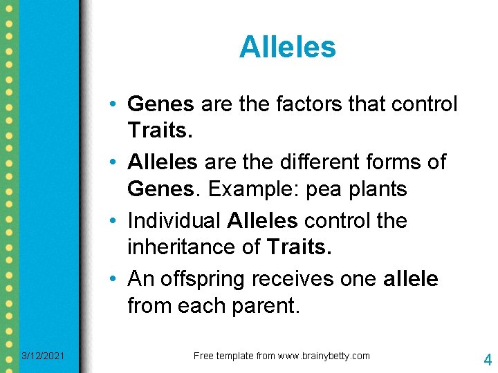 Alleles • Genes are the factors that control Traits. • Alleles are the different Alleles • Genes are the factors that control Traits. • Alleles are the different