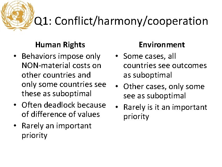 Q 1: Conflict/harmony/cooperation Human Rights • Behaviors impose only NON-material costs on other countries Q 1: Conflict/harmony/cooperation Human Rights • Behaviors impose only NON-material costs on other countries