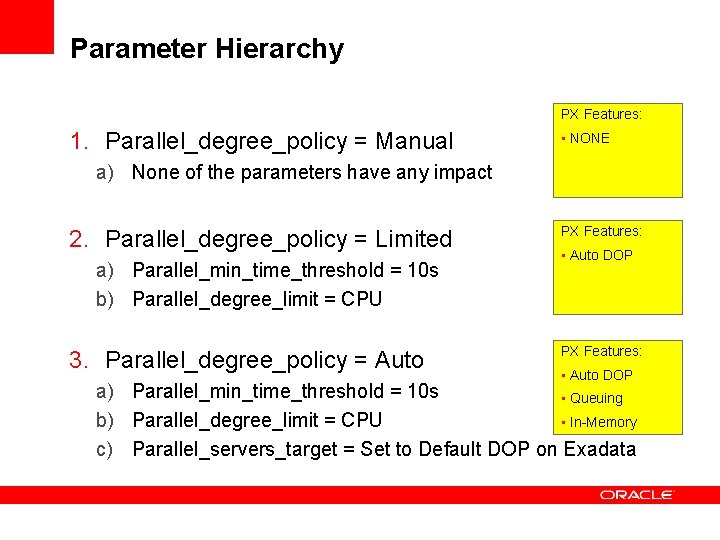 Parameter Hierarchy PX Features: 1. Parallel_degree_policy = Manual • NONE a) None of the