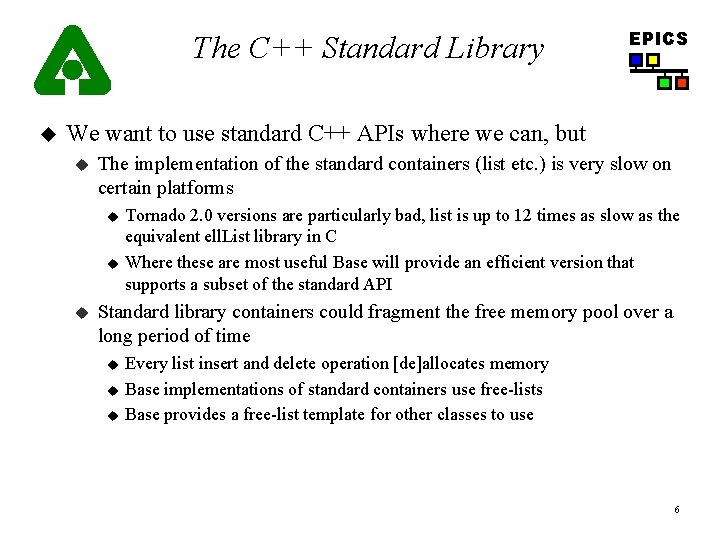 The C++ Standard Library u EPICS We want to use standard C++ APIs where The C++ Standard Library u EPICS We want to use standard C++ APIs where