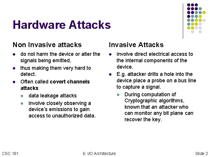Hardware Attacks Non Invasive attacks l l l CSC 181 Invasive Attacks do not Hardware Attacks Non Invasive attacks l l l CSC 181 Invasive Attacks do not