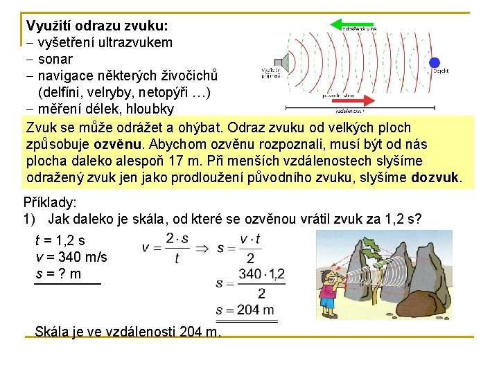 Využití odrazu zvuku: - vyšetření ultrazvukem - sonar - navigace některých živočichů (delfíni, velryby,