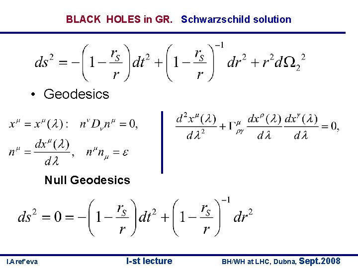 BLACK HOLES in GR. Schwarzschild solution • Geodesics Null Geodesics I. Aref’eva I-st lecture