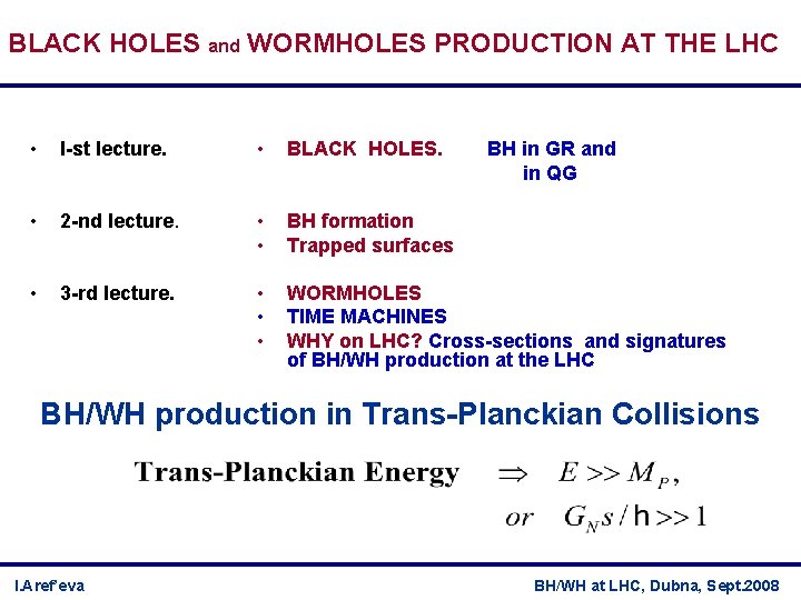 BLACK HOLES and WORMHOLES PRODUCTION AT THE LHC • I-st lecture. • BLACK HOLES.