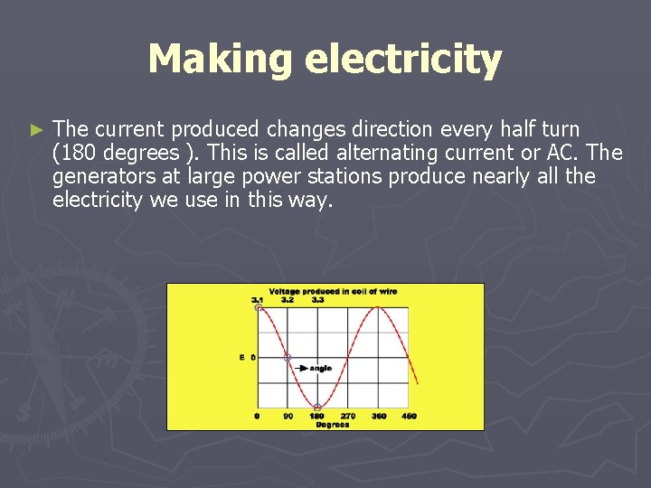 Making electricity ► The current produced changes direction every half turn (180 degrees ).