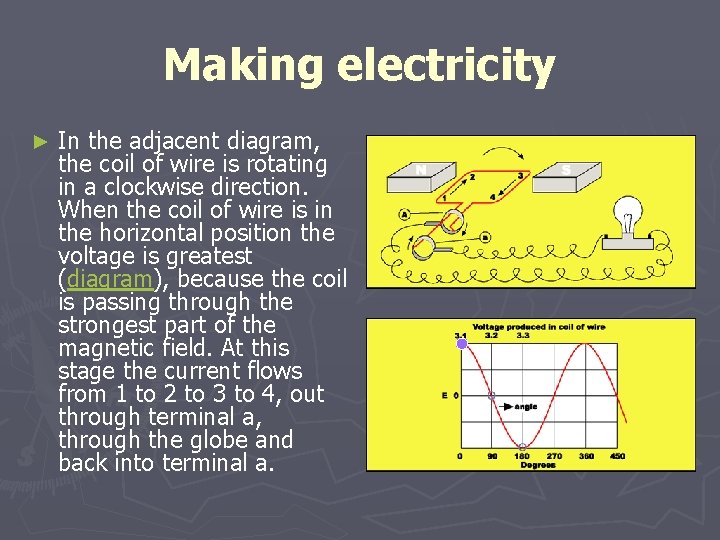 Making electricity ► In the adjacent diagram, the coil of wire is rotating in