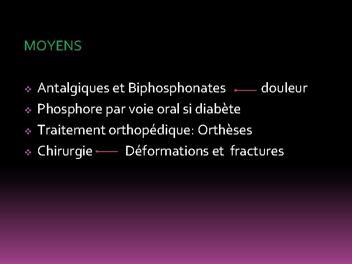 MOYENS v v Antalgiques et Biphosphonates douleur Phosphore par voie oral si diabète Traitement