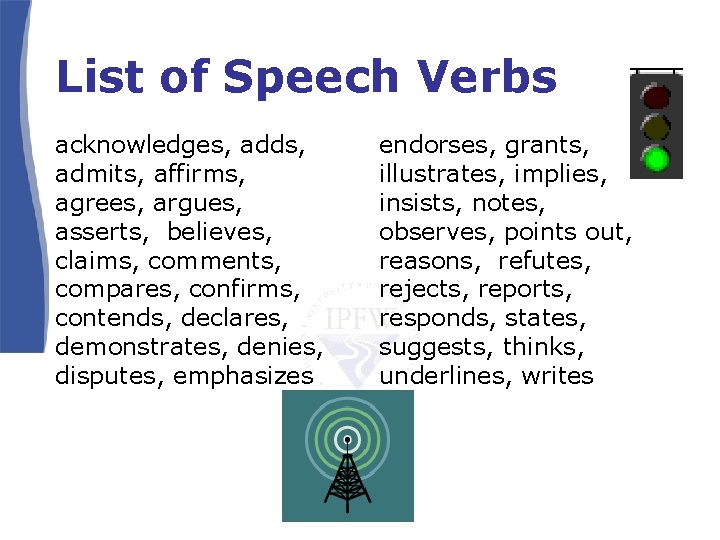 List of Speech Verbs acknowledges, adds, admits, affirms, agrees, argues, asserts, believes, claims, comments, List of Speech Verbs acknowledges, adds, admits, affirms, agrees, argues, asserts, believes, claims, comments,