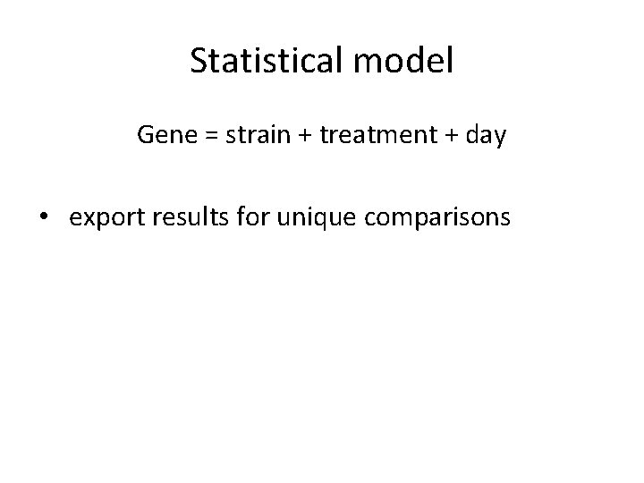 Statistical model Gene = strain + treatment + day • export results for unique