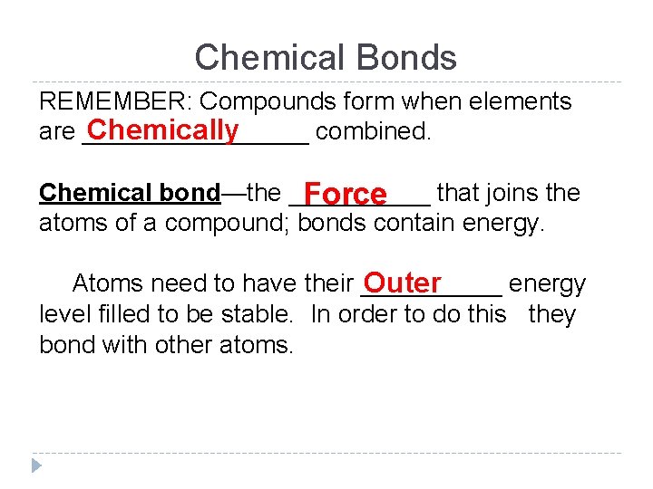 Chemical Bonds REMEMBER: Compounds form when elements Chemically are ________ combined. Chemical bond—the _____ Chemical Bonds REMEMBER: Compounds form when elements Chemically are ________ combined. Chemical bond—the _____