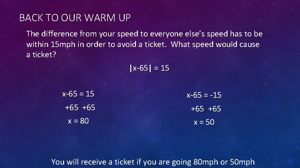 BACK TO OUR WARM UP The difference from your speed to everyone else’s speed