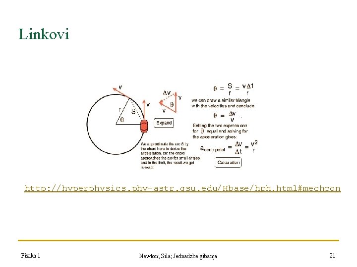 Linkovi http: //hyperphysics. phy-astr. gsu. edu/Hbase/hph. html#mechcon Fizika 1 Newton; Sila; Jednadzbe gibanja 21 Linkovi http: //hyperphysics. phy-astr. gsu. edu/Hbase/hph. html#mechcon Fizika 1 Newton; Sila; Jednadzbe gibanja 21
