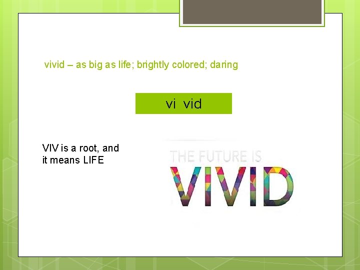 vivid – as big as life; brightly colored; daring vivid vi vid VIV is