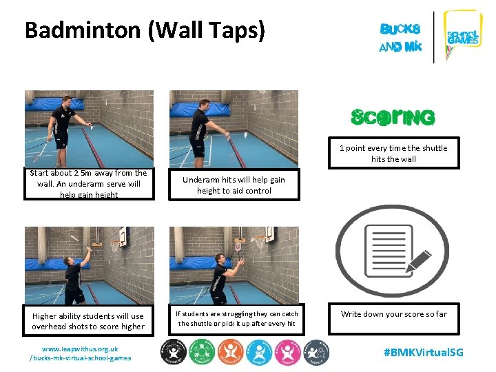 Badminton (Wall Taps) 1 point every time the shuttle hits the wall Start about