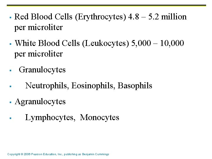 § § Red Blood Cells (Erythrocytes) 4. 8 – 5. 2 million per microliter § § Red Blood Cells (Erythrocytes) 4. 8 – 5. 2 million per microliter