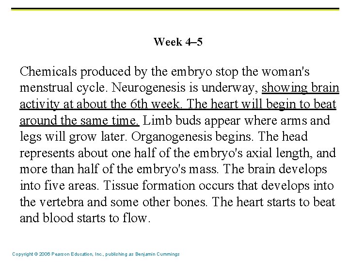 Week 4– 5 Chemicals produced by the embryo stop the woman's menstrual cycle. Neurogenesis Week 4– 5 Chemicals produced by the embryo stop the woman's menstrual cycle. Neurogenesis