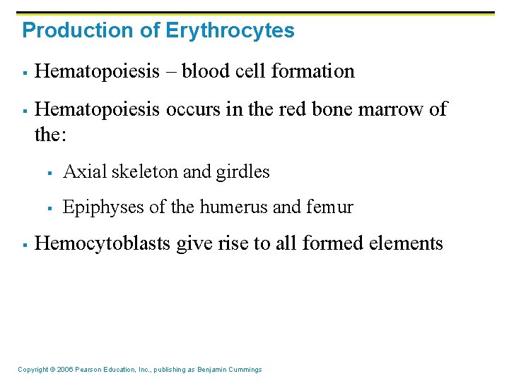 Production of Erythrocytes § § § Hematopoiesis – blood cell formation Hematopoiesis occurs in Production of Erythrocytes § § § Hematopoiesis – blood cell formation Hematopoiesis occurs in