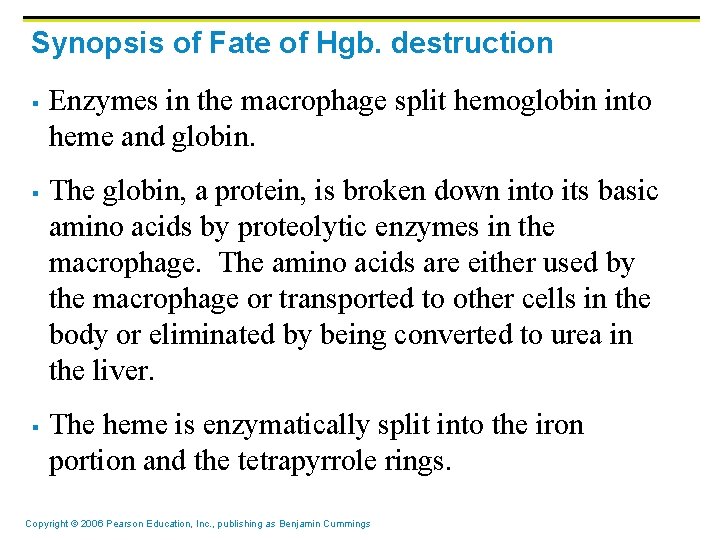 Synopsis of Fate of Hgb. destruction § § § Enzymes in the macrophage split Synopsis of Fate of Hgb. destruction § § § Enzymes in the macrophage split