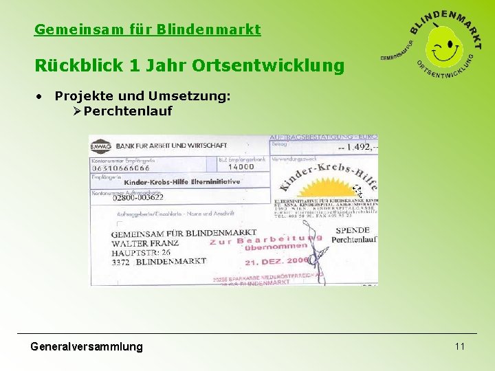 Gemeinsam für Blindenmarkt Rückblick 1 Jahr Ortsentwicklung • Projekte und Umsetzung: ØPerchtenlauf Generalversammlung 11 Gemeinsam für Blindenmarkt Rückblick 1 Jahr Ortsentwicklung • Projekte und Umsetzung: ØPerchtenlauf Generalversammlung 11