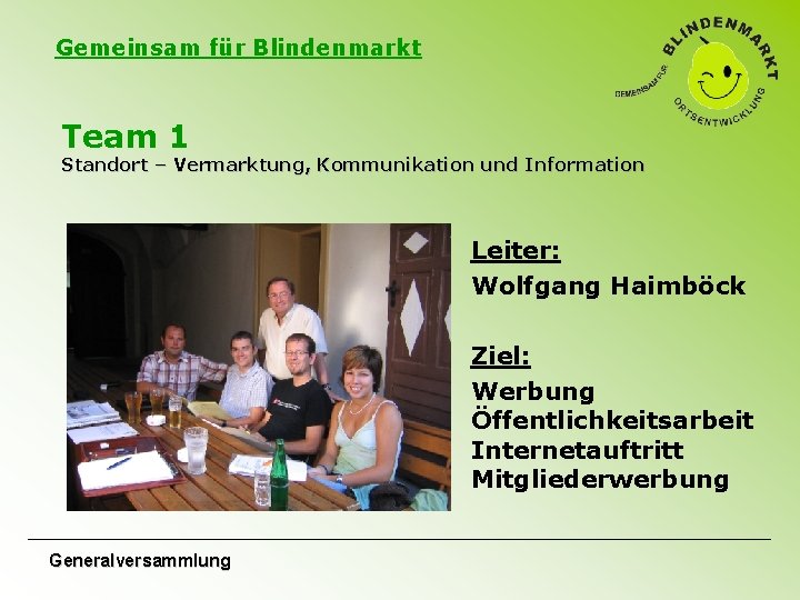 Gemeinsam für Blindenmarkt Team 1 Standort – Vermarktung, Kommunikation und Information Leiter: Wolfgang Haimböck Gemeinsam für Blindenmarkt Team 1 Standort – Vermarktung, Kommunikation und Information Leiter: Wolfgang Haimböck