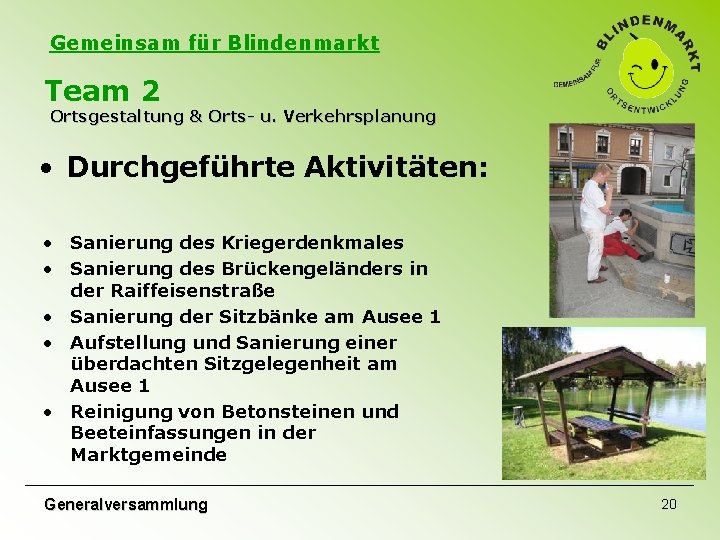 Gemeinsam für Blindenmarkt Team 2 Ortsgestaltung & Orts- u. Verkehrsplanung • Durchgeführte Aktivitäten: • Gemeinsam für Blindenmarkt Team 2 Ortsgestaltung & Orts- u. Verkehrsplanung • Durchgeführte Aktivitäten: •